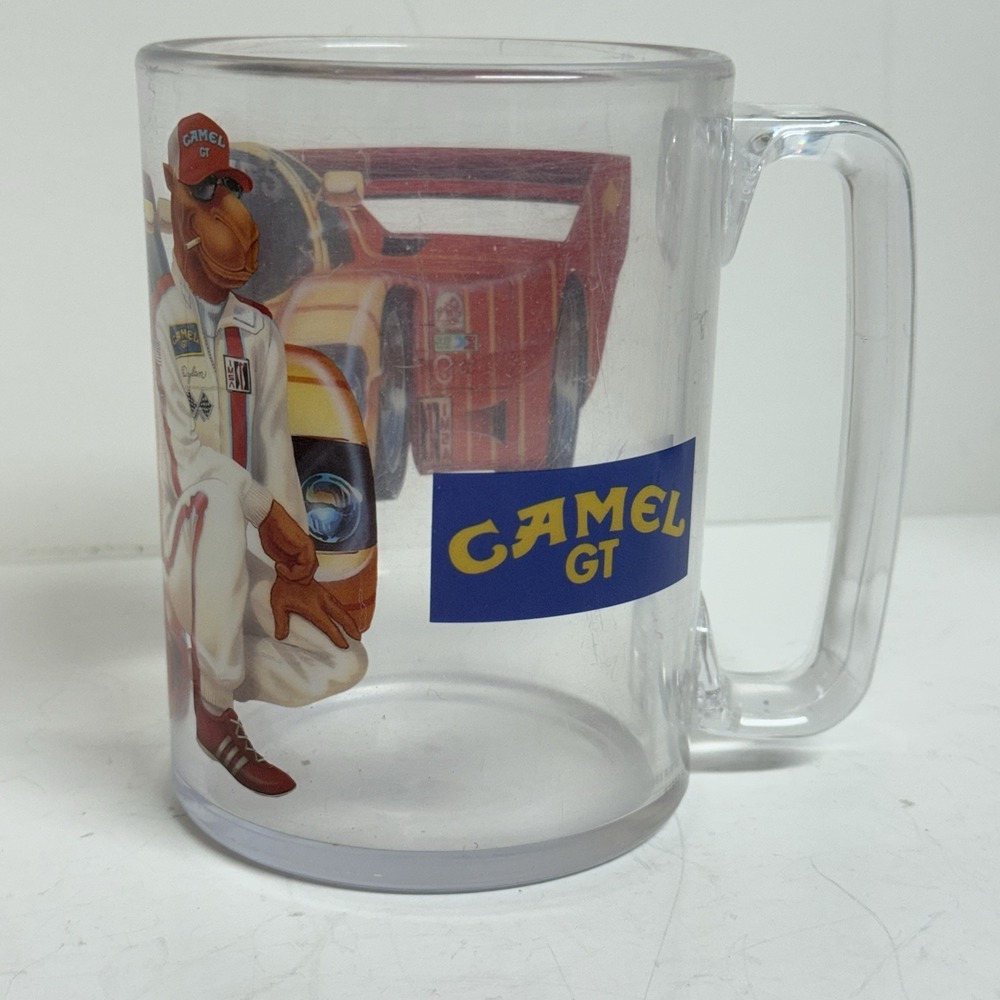 VTG 1991 Joe Camel Racing GT Race Car Mug Cup Clear Plastic 5"